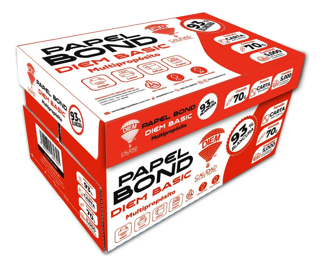 CAJA DE HOJA BLANCA TAMAÑO CARTA 5000 HOJAS DIEM